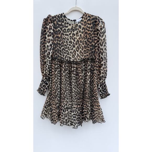 GANNI Leopard Print Babydoll Dress Size 38 Sz 6 Puff Sleeve Pleated Sheer Lined - Picture 2 of 10